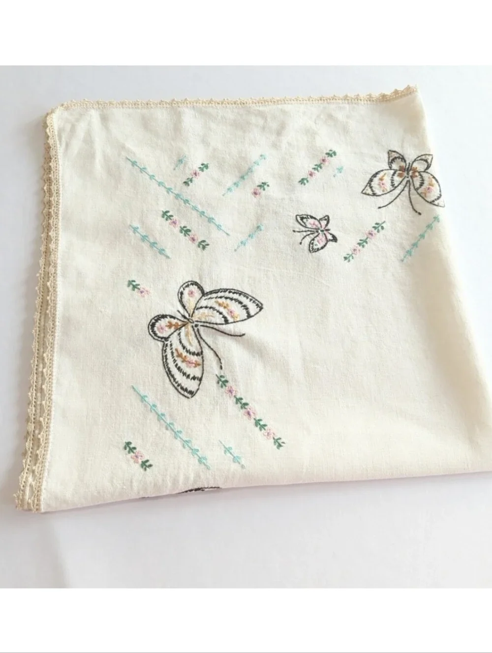 Vintage Handmade Table Covered w Embroidered Butterflies & Flowers 33